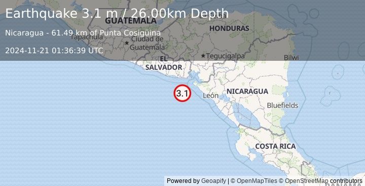 Earthquake NEAR COAST OF NICARAGUA (3.1 m) (2024-11-21 01:36:39 UTC)