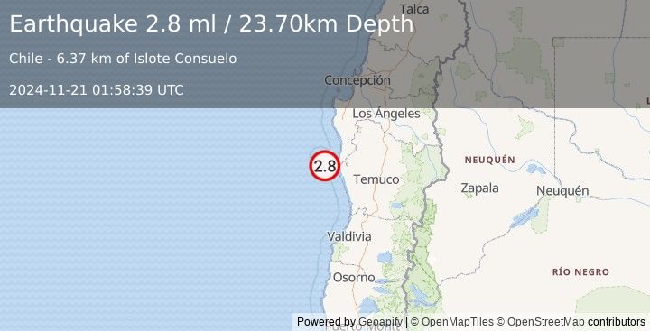 Earthquake OFFSHORE ARAUCANIA, CHILE (2.8 ml) (2024-11-21 01:58:39 UTC)