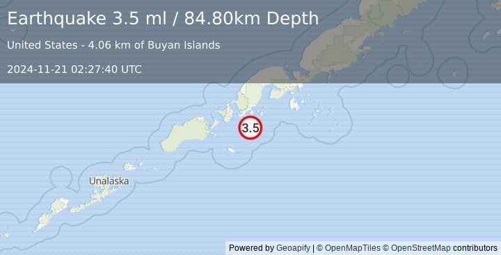 Earthquake ALASKA PENINSULA (3.5 ml) (2024-11-21 02:27:40 UTC)