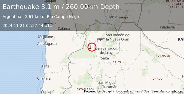 Earthquake JUJUY, ARGENTINA (3.1 m) (2024-11-21 02:57:44 UTC)