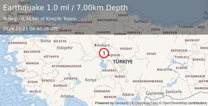 Earthquake CENTRAL TURKEY (1.0 ml) (2024-11-21 06:40:28 UTC)