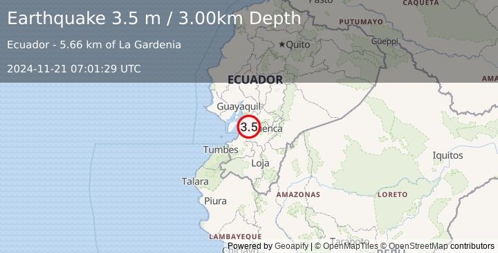 Earthquake NEAR COAST OF ECUADOR (3.5 m) (2024-11-21 07:01:29 UTC)