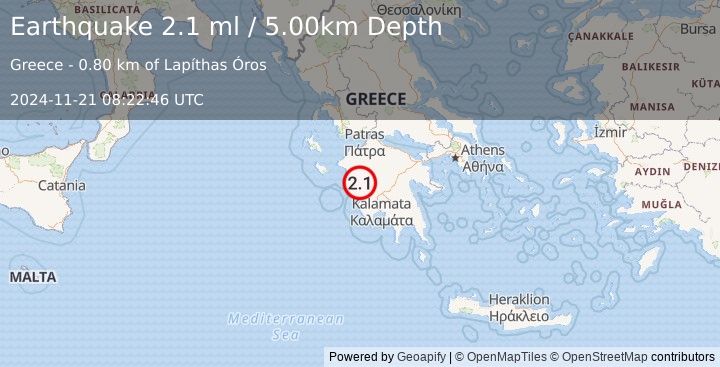 Earthquake SOUTHERN GREECE (2.1 ml) (2024-11-21 08:22:46 UTC)