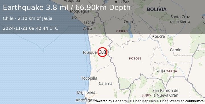 Earthquake TARAPACA, CHILE (3.8 ml) (2024-11-21 09:42:44 UTC)