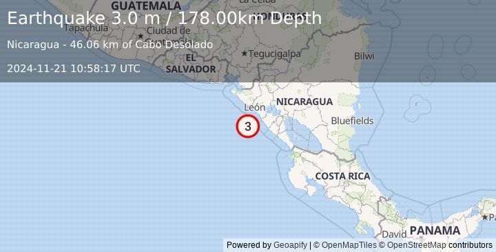 Earthquake NEAR COAST OF NICARAGUA (3.0 m) (2024-11-21 10:58:17 UTC)