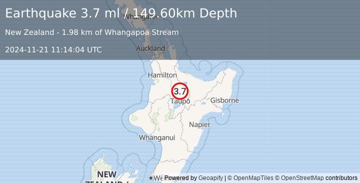 Earthquake NORTH ISLAND OF NEW ZEALAND (3.7 ml) (2024-11-21 11:14:04 UTC)