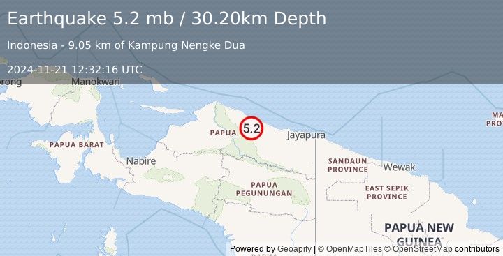 Earthquake PAPUA, INDONESIA (5.2 mb) (2024-11-21 12:32:16 UTC)