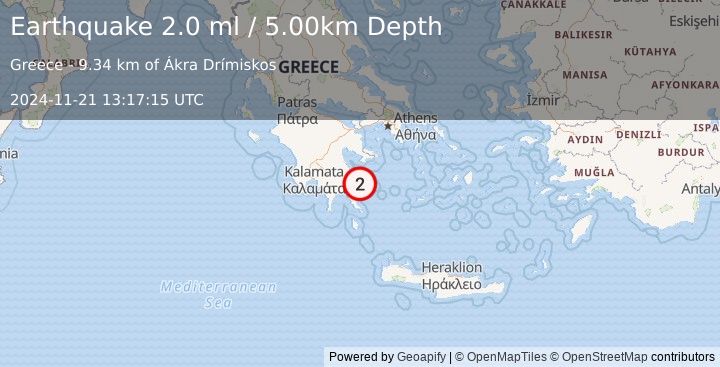 Earthquake SOUTHERN GREECE (2.0 ml) (2024-11-21 13:17:15 UTC)