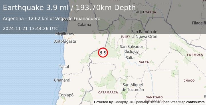 Earthquake SALTA, ARGENTINA (3.9 ml) (2024-11-21 13:44:26 UTC)