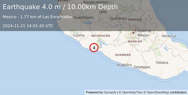 Earthquake MICHOACAN, MEXICO (4.0 m) (2024-11-21 14:01:45 UTC)