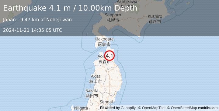 Earthquake HOKKAIDO, JAPAN REGION (4.1 m) (2024-11-21 14:35:05 UTC)