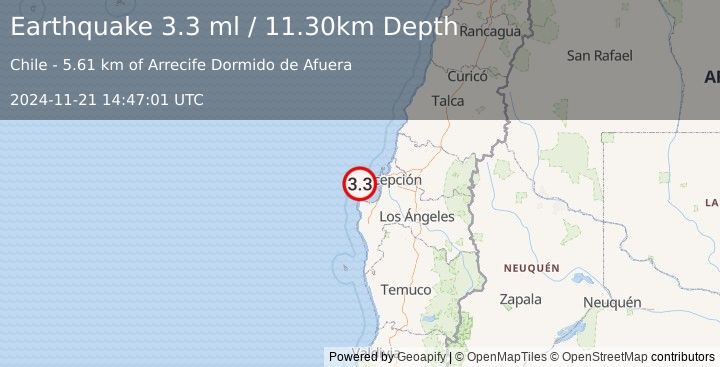 Earthquake OFFSHORE BIO-BIO, CHILE (3.3 ml) (2024-11-21 14:47:01 UTC)