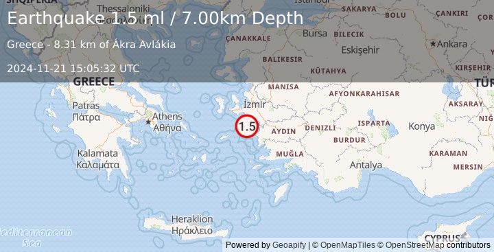 Earthquake DODECANESE ISLANDS, GREECE (1.5 ml) (2024-11-21 15:05:32 UTC)