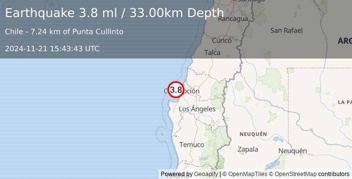 Earthquake OFFSHORE BIO-BIO, CHILE (3.8 ml) (2024-11-21 15:43:43 UTC)