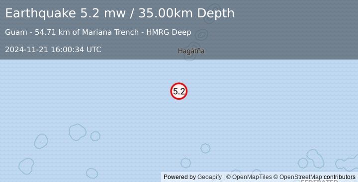 Earthquake SOUTH OF MARIANA ISLANDS (5.2 mw) (2024-11-21 16:00:34 UTC)