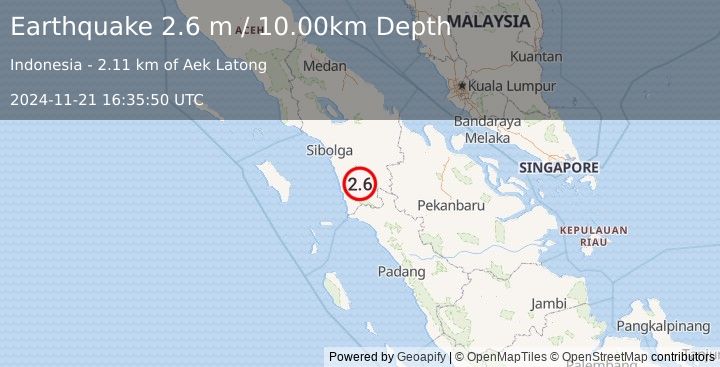 Earthquake NORTHERN SUMATRA, INDONESIA (2.6 m) (2024-11-21 16:35:50 UTC)