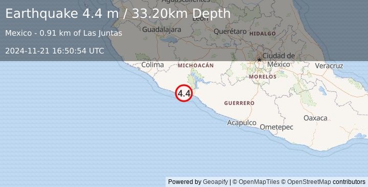 Earthquake MICHOACAN, MEXICO (4.4 m) (2024-11-21 16:50:54 UTC)