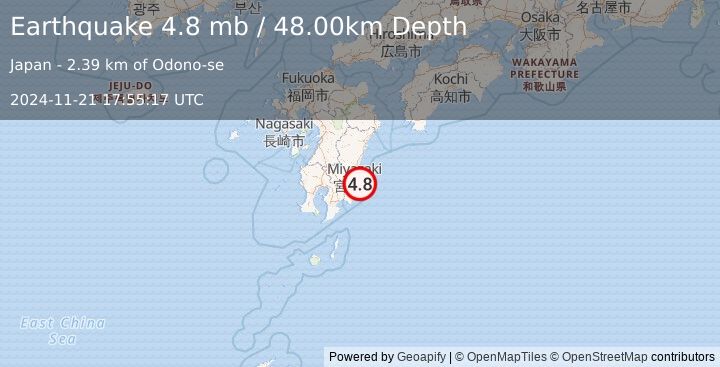 Earthquake KYUSHU, JAPAN (4.8 mb) (2024-11-21 17:55:17 UTC)