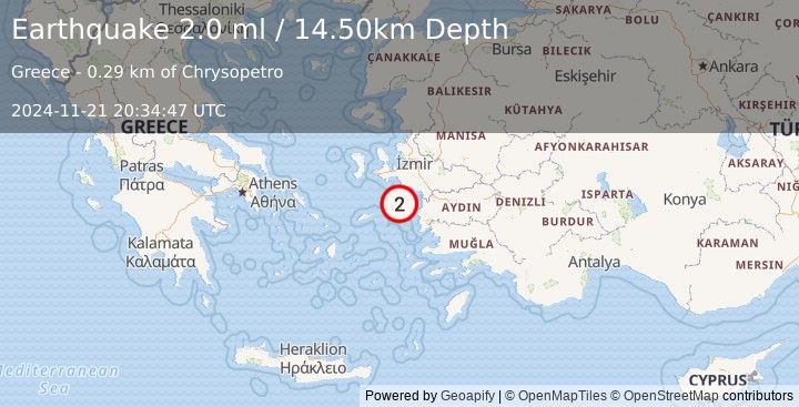 Earthquake DODECANESE ISLANDS, GREECE (2.0 ml) (2024-11-21 20:34:47 UTC)