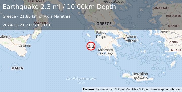 Earthquake IONIAN SEA (2.3 ml) (2024-11-21 21:27:03 UTC)