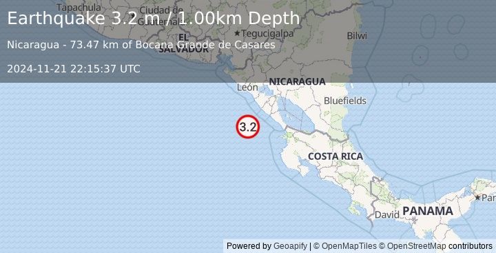 Earthquake NEAR COAST OF NICARAGUA (3.2 m) (2024-11-21 22:15:37 UTC)