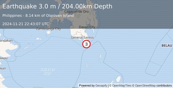 Earthquake MINDANAO, PHILIPPINES (3.0 m) (2024-11-21 22:43:07 UTC)