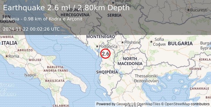 Earthquake ALBANIA (2.6 ml) (2024-11-22 00:02:26 UTC)