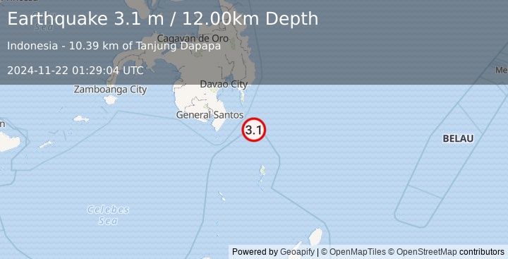 Earthquake MINDANAO, PHILIPPINES (3.1 m) (2024-11-22 01:29:04 UTC)