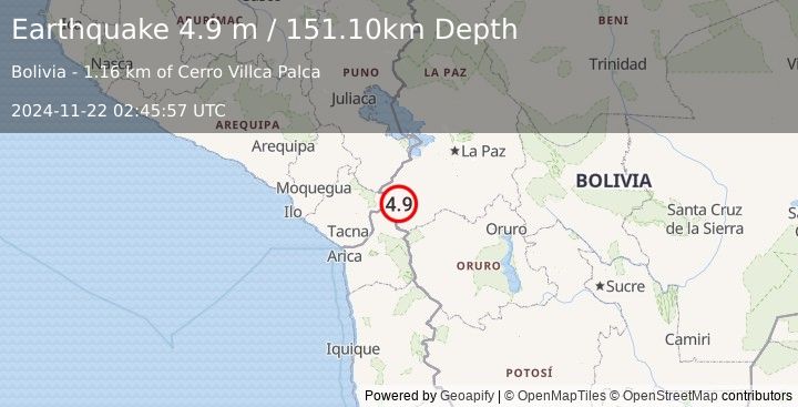 Earthquake LA PAZ, BOLIVIA (4.9 m) (2024-11-22 02:45:57 UTC)