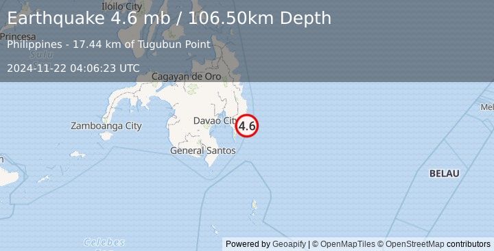 Earthquake MINDANAO, PHILIPPINES (4.6 mb) (2024-11-22 04:06:23 UTC)