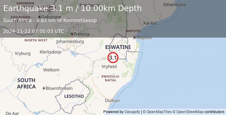 Earthquake SOUTH AFRICA (3.1 m) (2024-11-22 07:00:03 UTC)