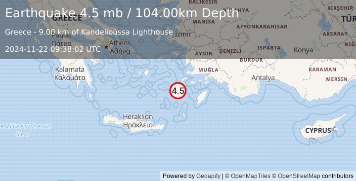 Earthquake DODECANESE ISLANDS, GREECE (4.5 mb) (2024-11-22 09:38:02 UTC)