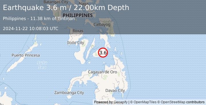 Earthquake BOHOL, PHILIPPINES (3.6 m) (2024-11-22 10:08:03 UTC)