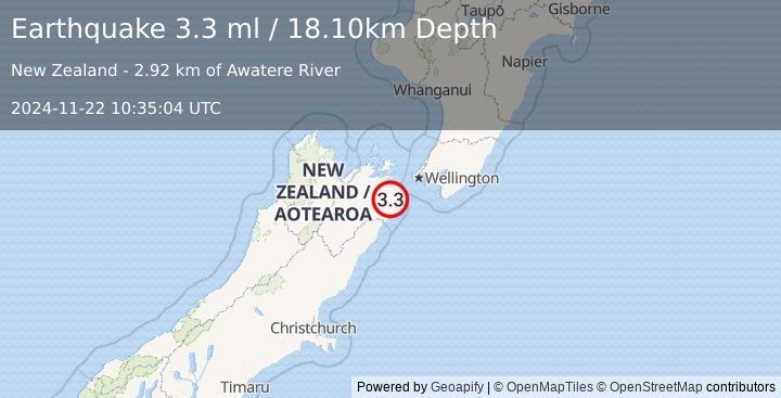 Earthquake COOK STRAIT, NEW ZEALAND (3.3 ml) (2024-11-22 10:35:04 UTC)