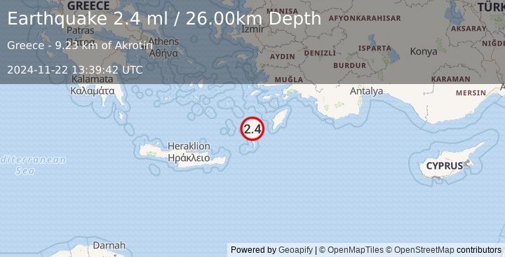 Earthquake DODECANESE ISLANDS, GREECE (2.4 ml) (2024-11-22 13:39:42 UTC)