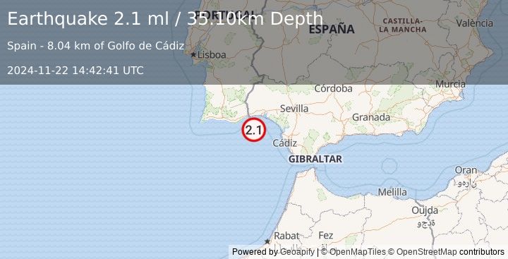 Earthquake STRAIT OF GIBRALTAR (2.1 ml) (2024-11-22 14:42:41 UTC)