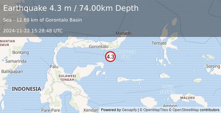 Earthquake SULAWESI, INDONESIA (4.3 m) (2024-11-22 15:28:48 UTC)