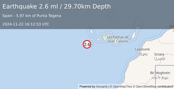 Earthquake CANARY ISLANDS, SPAIN REGION (2.6 ml) (2024-11-22 16:12:53 UTC)