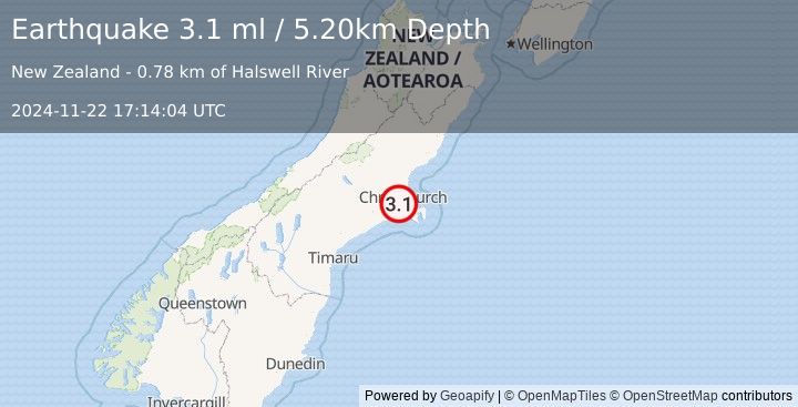 Earthquake SOUTH ISLAND OF NEW ZEALAND (3.1 ml) (2024-11-22 17:14:04 UTC)