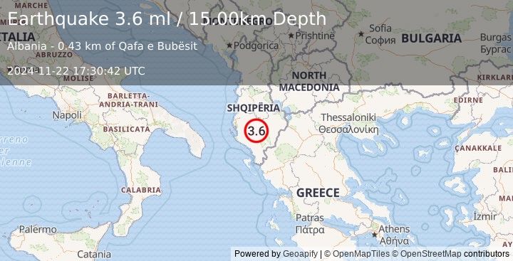 Earthquake ALBANIA (3.6 ml) (2024-11-22 17:30:42 UTC)