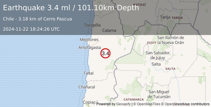 Earthquake ANTOFAGASTA, CHILE (3.4 ml) (2024-11-22 18:24:26 UTC)