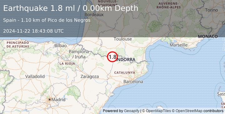 Earthquake PYRENEES (1.8 ml) (2024-11-22 18:43:08 UTC)