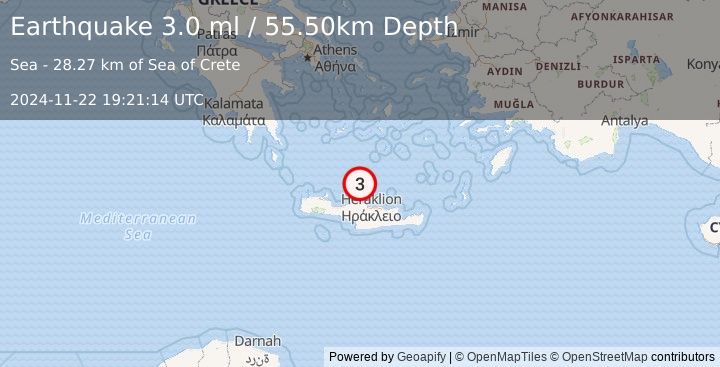 Earthquake CRETE, GREECE (3.0 ml) (2024-11-22 19:21:14 UTC)