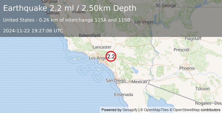 Earthquake GREATER LOS ANGELES AREA, CALIF. (2.2 ml) (2024-11-22 19:27:06 UTC)