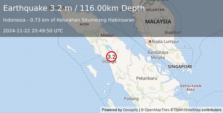 Earthquake NORTHERN SUMATRA, INDONESIA (3.2 m) (2024-11-22 20:49:50 UTC)