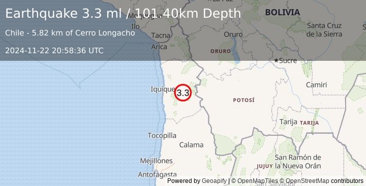 Earthquake TARAPACA, CHILE (3.3 ml) (2024-11-22 20:58:36 UTC)