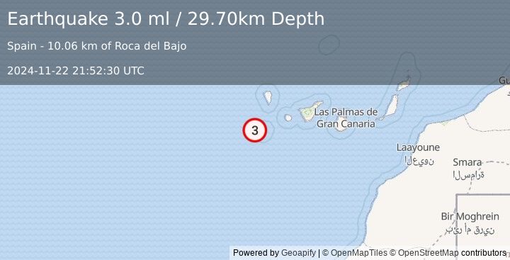 Earthquake CANARY ISLANDS, SPAIN REGION (3.0 ml) (2024-11-22 21:52:30 UTC)