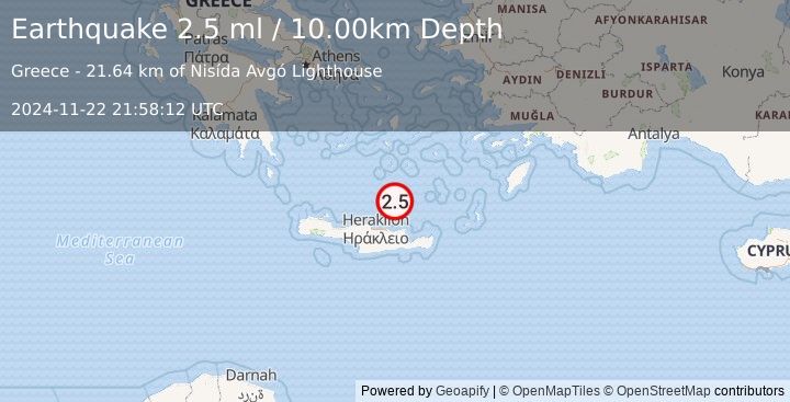 Earthquake CRETE, GREECE (2.5 ml) (2024-11-22 21:58:12 UTC)