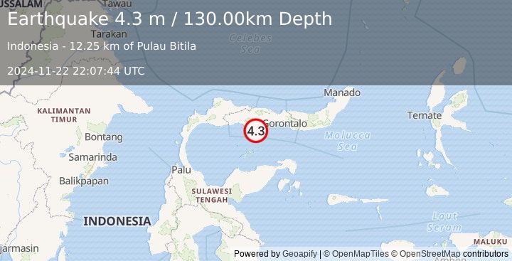 Earthquake MINAHASA, SULAWESI, INDONESIA (4.3 m) (2024-11-22 22:07:44 UTC)