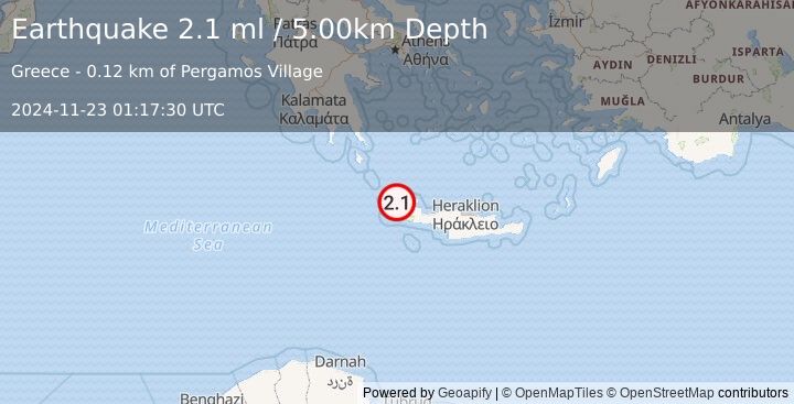 Earthquake CRETE, GREECE (2.1 ml) (2024-11-23 01:17:30 UTC)